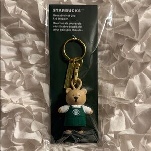 Starbucks Reusable Hot Cup Lid Stopper Barista Bear Green Apron